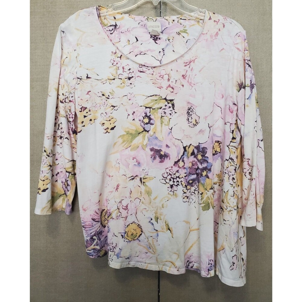 Chico's Cotton Blend Floral Print 3/4 Sleeve Scoop Neck Angled Hem T-Shirt 2 LGE